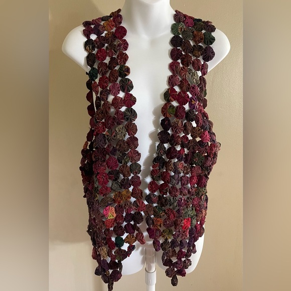 Vintage Handmade Yo-Yo Rosettes Pinwheel Cardigan Vest Womens - Picture 1 of 9